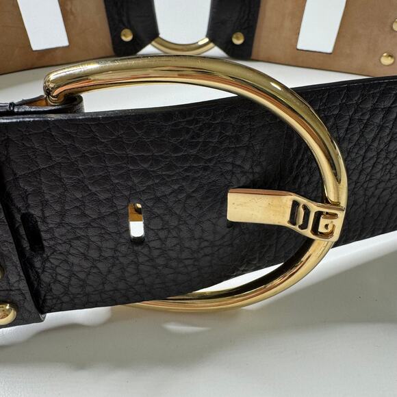 DOLCE & GABBANA Black Chunky Ring Studded Leather Belt Gold 34\